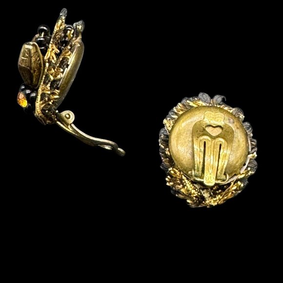 Vintage Clip-on Earrings Gold Tone Yellow Stones Filigree Thread - Picture 3 of 6